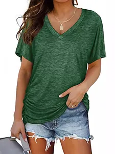 Women's casual short sleeve V-neck T-shirt in heathered green loose fit style