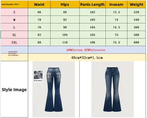 Tabella taglie e dettagli dei jeans a zampa ricamati da donna con tasca posteriore