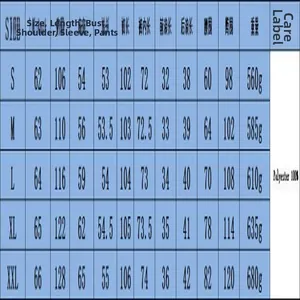 Tabella misure dettagliata per completo casual due pezzi con revers e zip