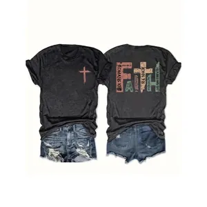 Dames Casual Katoen Ronde Hals Korte Mouw T-Shirt Vintage Faith Letter Kruis Grafische Print Losse Zomer Top Donkergrijs