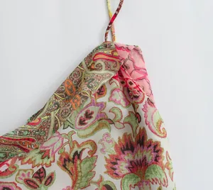 Close-up of patchwork paisley and floral print on a lightweight summer dress detail