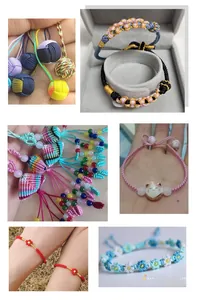 Detail view showing various colorful DIY woven bracelets and pendants