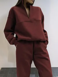 Vista dettagliata di una tuta bordeaux con felpa con mezza zip e pantaloni.