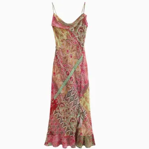 Women's Bohemian Patchwork Print Mini Dress Sexy Backless Crinkled Spaghetti Strap Slim Fit Summer Sundress