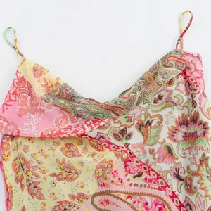 Bohemian style patchwork paisley print spaghetti strap dress with draped neck design