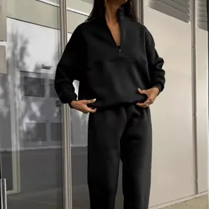 Completo Donna Casual in Poliestere Maglia E Pantaloni Mezza Cerniera Revers Felpa E Pantaloni Sportivi Tinta Unita Tuta per Autunno Inverno