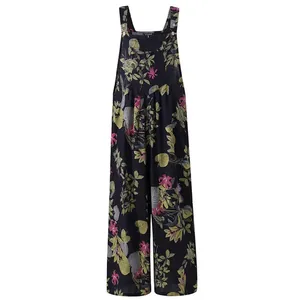 Women's ethnic floral print sleeveless jumpsuit with buttons and wide leg design