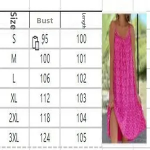 Detailed size chart for a vibrant floral print loose swing slip dress for women.