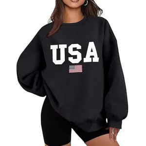 Sweatshirt Oversize Femme Col Rond Imprimé Drapeau USA Manches Longues Harajuku Gothique Pull Ample Sport Top