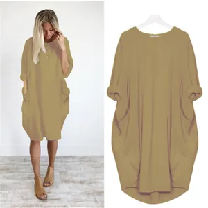 Robe décontractée ample à manches longues kaki avec grandes poches latérales fonctionnelles
