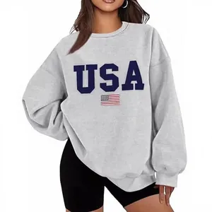 Sweat-shirt gris surdimensionné à col rond avec imprimé drapeau USA et texte pour femme