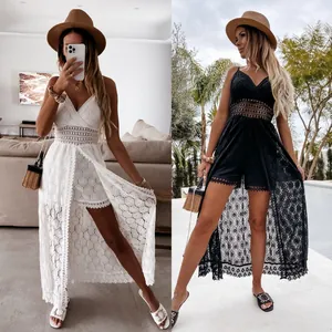 Side-by-side comparison of white and black lace rompers with sheer long skirt overlays