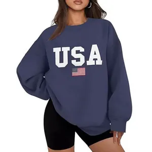 Sweat-shirt oversize bleu marine avec imprimé drapeau USA et col rond décontracté