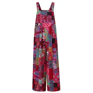 Front view of stylish women's ethnic patchwork print sleeveless jumpsuit overalls