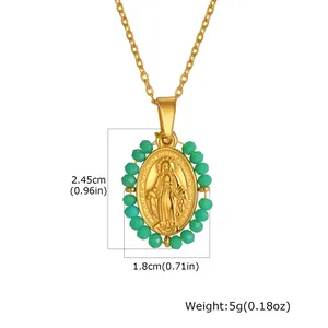 Vintage stainless steel Virgin Mary pendant necklace with green beads and dimensions