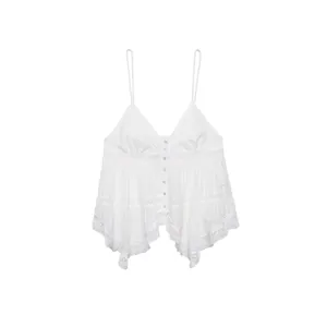 Elegant white V-neck camisole top with delicate lace embroidery and button details
