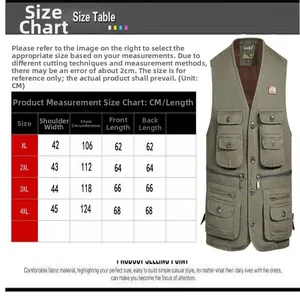 Tableau des tailles détaillé pour gilet multi-poches doublé polaire pour hommes vert armée