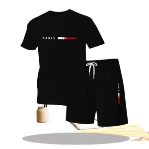 Men's summer black T-shirt and shorts set with Paris letter print and stripe