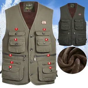 Gilet chaud pour homme doublé polaire avec 10 poches en coton vert militaire