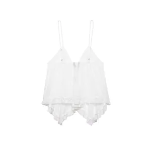 Close-up of white elegant embroidered V-neck camisole top with lace trim and hem