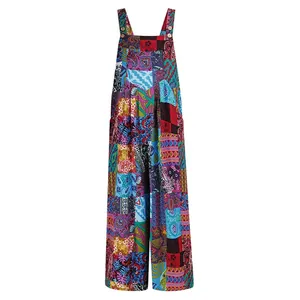Vibrant ethnic patchwork print women's overalls with button straps and wide leg design