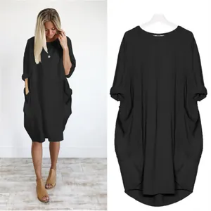 Robe midi décontractée et ample pour femmes avec de grandes poches latérales en noir