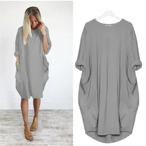 Robe midi grise décontractée pour femmes avec coupe ample, manches longues et grandes poches
