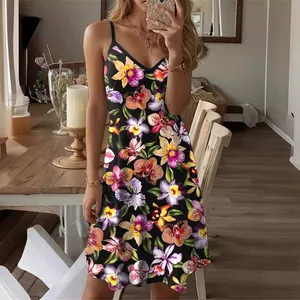 Damen Casual Blumenmuster Camisole Mini Kleid Ärmellos V Ausschnitt Locker Sommer Strand Urlaub Mode Kleid Für Damen