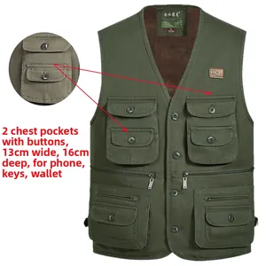 Vue détaillée des dimensions de poche sur un gilet en coton doublé polaire vert