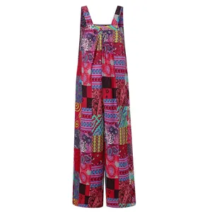 Fashionable Bohemian style ethnic patchwork print sleeveless wide leg jumpsuit for women