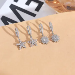 Luxury silver-plated floral and sunburst hoop earrings with sparkling white zircon stones