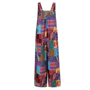 Front view of women's bohemian ethnic patchwork print wide-leg jumpsuit overalls