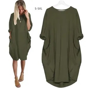 Robe Midi Décontractée Ample à Manches Longues Pour Femmes Couleur Unie Col Rond Robe En Tricot Grande Taille Avec Poches