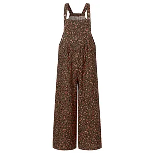 High-quality detailed shot of women's vintage floral print wide-leg overalls with straps