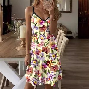 Sommerliches ärmelloses Kleid mit Orchideen-Print und schmalen Trägern für modebewusste Damen