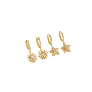 Elegant gold-plated hoop earrings with sun flower and cubic zirconia charms for women.