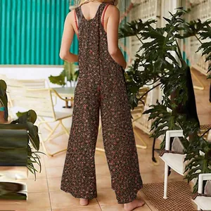 Back view of women's ethnic floral print sleeveless jumpsuit with wide-leg design
