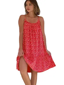 Bohemian red floral print spaghetti strap loose dress with flowing large hemline