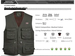 Gilet cargo vert multi-poches pour homme avec doublure velours et coton lavé doux