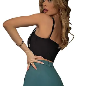 Elegant black lace-up camisole tank top for women in chic Western vacation style