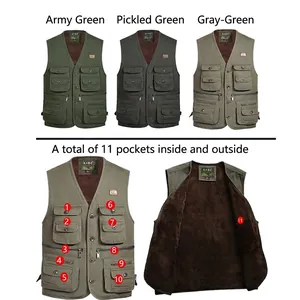 Gilet utilitaire doublé polaire pour homme avec 11 poches, vert armée