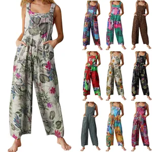 Women's Ethnic Patchwork Print Jumpsuit Vintage Bohemian Sleeveless Button Overalls Loose Wide Leg Trousers Casual Jumpsuit