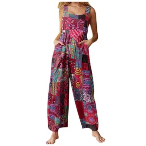 Fashionable women's ethnic style patchwork print jumpsuit with button straps and side pockets