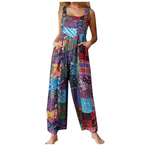 Bohemian ethnic style patchwork print sleeveless jumpsuit for women with wide leg design