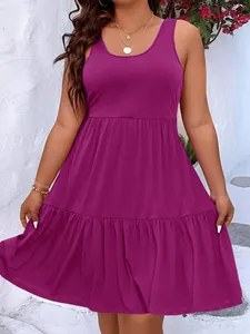 Robe mi-longue élégante sans manches magenta à volants grande taille pour l'été
