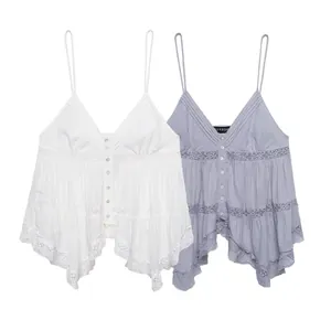 Women Elegant V Neck Cotton Cami Top Embroidered Lace Hem Button Front Adjustable Spaghetti Strap Irregular Top