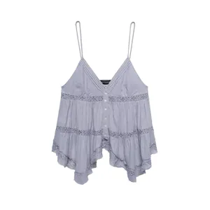 Elegant purple V-neck camisole top with delicate embroidery, lace trim and asymmetric hem