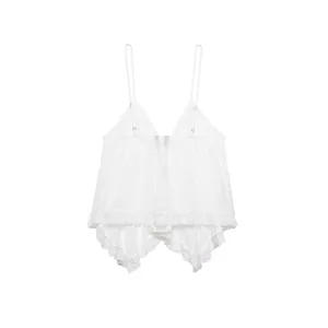 Elegant white V-neck camisole top with delicate embroidered lace hem