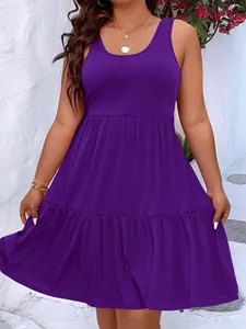 Robe mi-longue violette sans manches à volants pour femme grande taille style décontracté