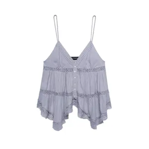 Elegant V-neck spaghetti strap top with lace embroidery and asymmetric hemline